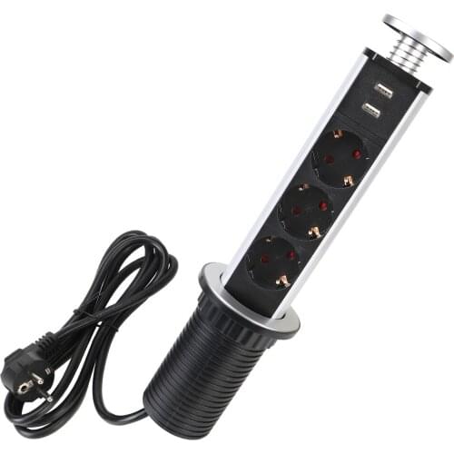 Power 1 Led+2 charge USB 3/4 power EU Plug Kitchen Table Pop Up Electrical Socket Aluminum Shelf Hidden Desktop Sockets