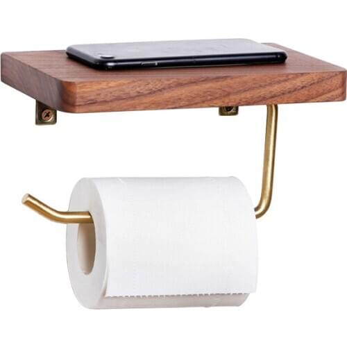 High Quality Nature Wood Wall Mounted Toilet Paper Holder Tissue Paper Holder Toilet Roll Dispenser With Phone Storage Shelf