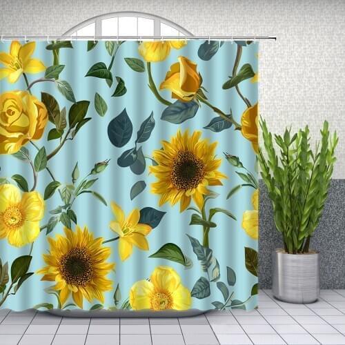 Yellow Flower Shower Curtains Sunflower Spring Plant Floral Themed Bathroom Decor Bath Waterproof Polyester Curtain Set