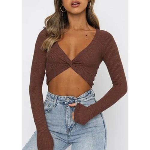 Ladies Casual Fashion T-shirts Summer Fall Long Sleeve Twist V Neck Ribbed Crop Top Women Solid Color Slim Streetwear Pullovers