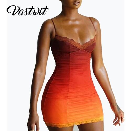 Women Fashion Lace Trim Bodycon Mini Dress Sexy Gradient Color Spaghetti Straps Party Clubwear