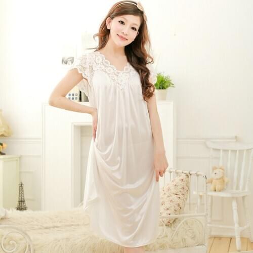 Spring Summer Autumn Single Skirt Lengthened Ice Silk Loose White Lace Princess Palace Style Womens Lace Sexy Nightdress