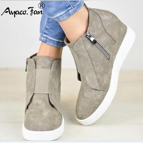 Plus Size Women Boots Pumps 2019 Spring Autumn New Round Toe Ankle Zipper Lady Wedges Female Shoes Increased Internal Sneakers