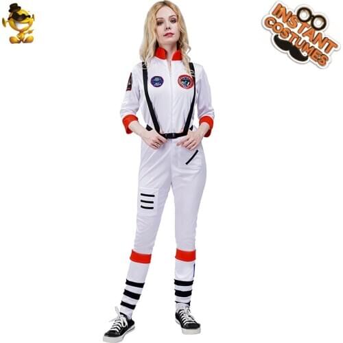 Women Astronaut Costume Cosplay Carnival White Spaceman Costume Ladys Astronaut Jumpsuit Costume