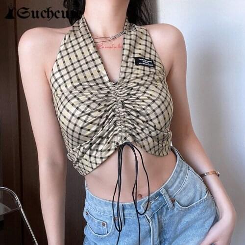 SUCHCUTE Drawstring Halter Tops Women Summer Sexy Backless Crop Camis Harajuku Casual V Neck Plaid Print Y2K Camisole Streetwear