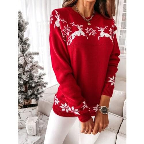 Womens Christmas Round Neck Sweaters Long Sleeve Y2k Elk Snowflake Print Loose Knit Tops Womens Pullovers Streetwear