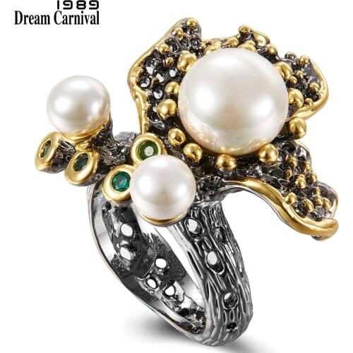 DreamCarnival 1989 Blooming Flower Pearls Ring for Women Wedding Engagement Green Tone Zirconia Black Gold Color Jewelry WA11755