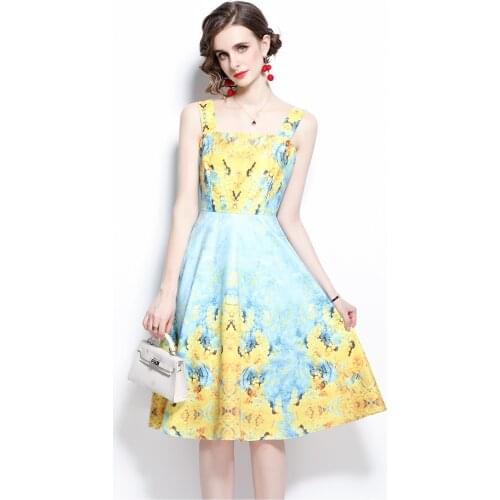 Women Summer Dresses Office Lady A-LINE Printing Mid-Calf Spaghetti Strap Women Elegant Dress Party Night 2021 New Women Dresses