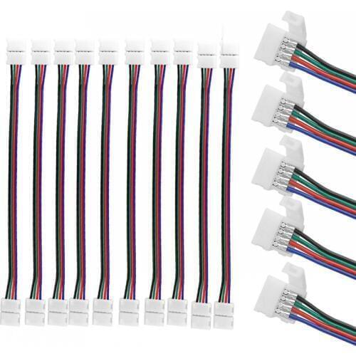 5PC 4 pin 10mm RGB led Connector Adapter with double solderless CLips wire Cable