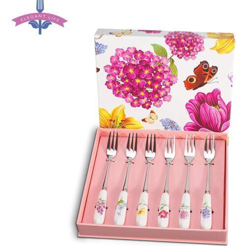 6 PCS Stainless Steel Dessert Forks Set Silverware Herb Garden Ceramic Salad Flatware Set Cutlery Set Cake Fruit Forks for Party
