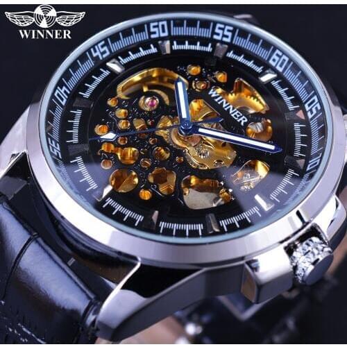 Winner 2017 Fashion Stylish Transparent Design Golden Skeleton Inside Mens Watches Top Brand Luxury Automatic Mechanical Watches
