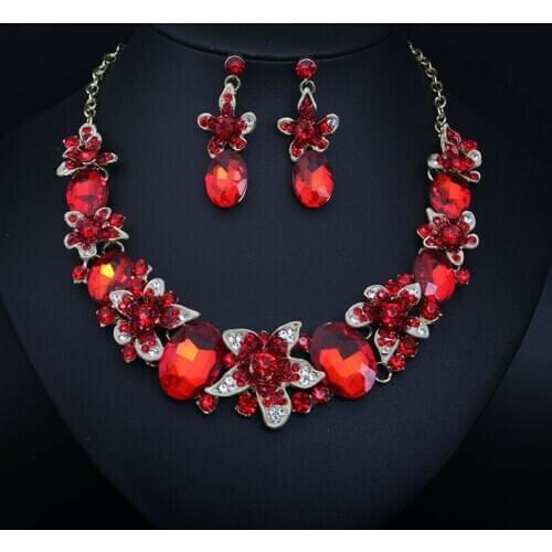 Dubai Wedding Jewelry Sets Rhinestone Crystal Statement Bridal Necklace Earrings Sets Fashion Women Red Gem Stone Choker Bibs