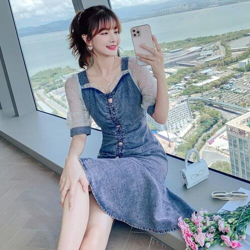 Denim Dress Summer 2021 New Slim Thin A-line Dress Square Neck Lace Mesh Sleeves Shirring Fold Stitching Knee-length Dresses
