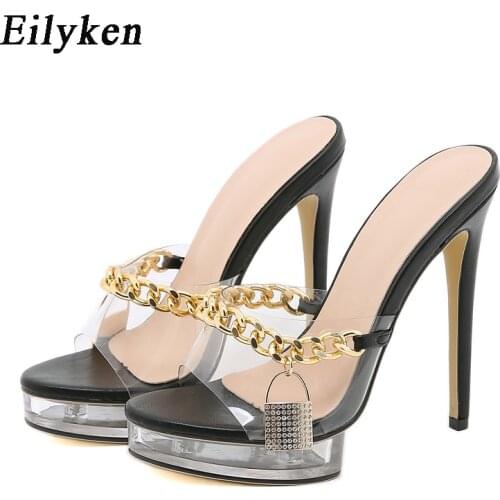 Eilyken Summer Chain Platform Thin High Heels 13CM Ladies Slippers Fashion PVC transparent Peep Toe Slip-On Mules Shoes