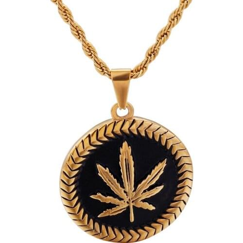 Hip Hop Mens Europe and America Retro Titanium Steel Round Personality Street Maple Leaf Pendant