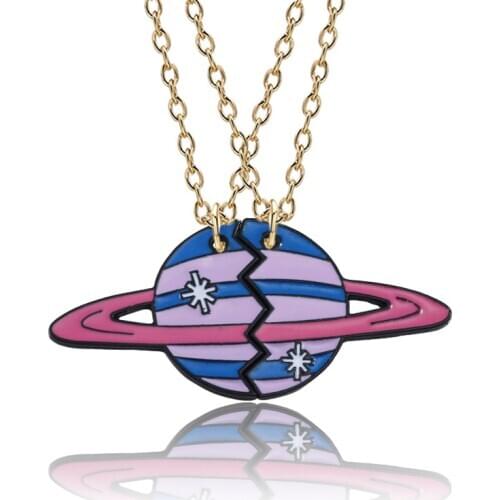Fashion Couple Necklace Popular 2-pcs- Set Good Friend Pink Planet Pendant Jewelry Chain Choker Girl Gift