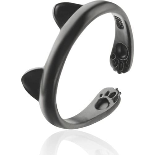 Trendy Lovely Cat Ear Ring Cute Animal Foot Print Open Adjustable Rings For Women And Girl Silver Black Color Boho Anel Style