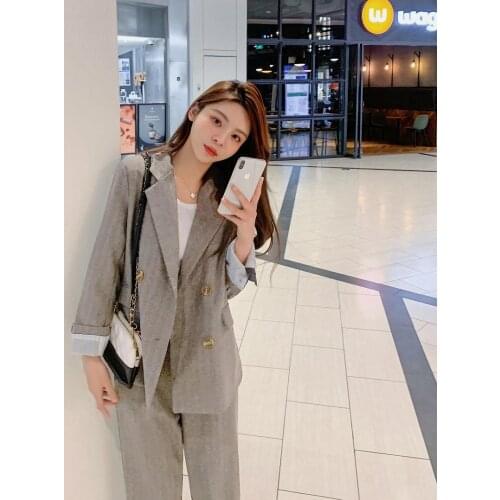 2 Piece Fashion Spring Autumn Womens Office Suit Loose Double Breasted Pantsuit Ladies Korean Clothes Blazer Set Female