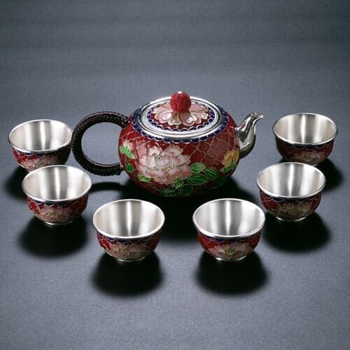 Teapot and cup set sterling silver 999 pure handmade cloisonne tea set set [6 cups + teapot]
