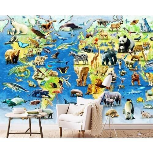 Custom wallpaper 3d photo mural animal world map childrens room living room background wall kindergarten engineering mural Обои