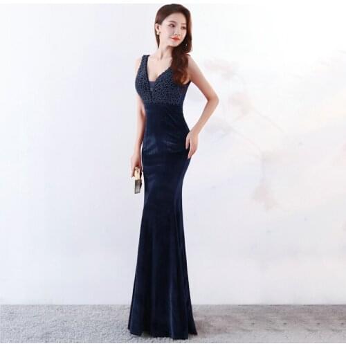 2021 New V-neck Beading Long Evening Dress Sexy Backless Velour Evening Party Dress YD923