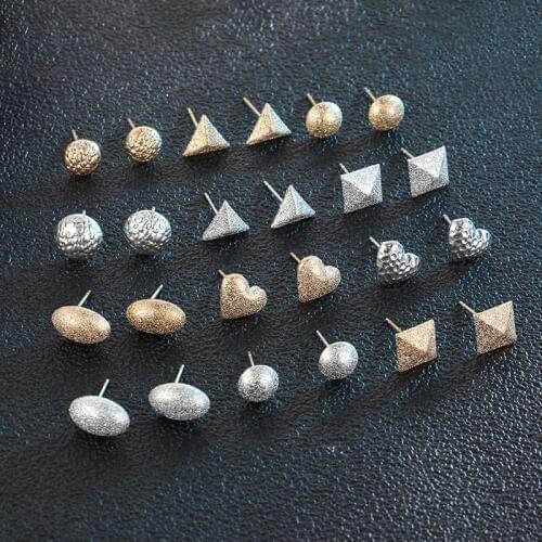 Punk Geometric Scrub Ball Heart Oval Round Ear Studs Earrings For Women Girls Gifts Gypsy Style Stud Earrings Set Mix