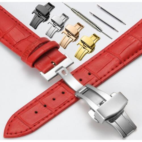 Genuine Leather Watchbands 12 14 16 17 18 19 20 mm Universal Watch Steel Butterfly clasp Buckle Strap Wrist Belt Bracelet + Tool