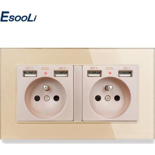 Esooli Golden 2 Gang French Standard Crystal Glass Panel Wall Socket with Charge Port Hidden Soft LED Indicator