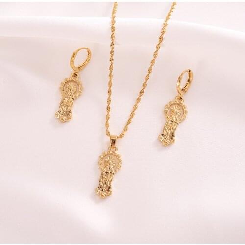 Gold plated cross Pendant Necklace chain Earrings sets Jewelry Gold Christian jewelry sets for women girl Best Jesus Gifts