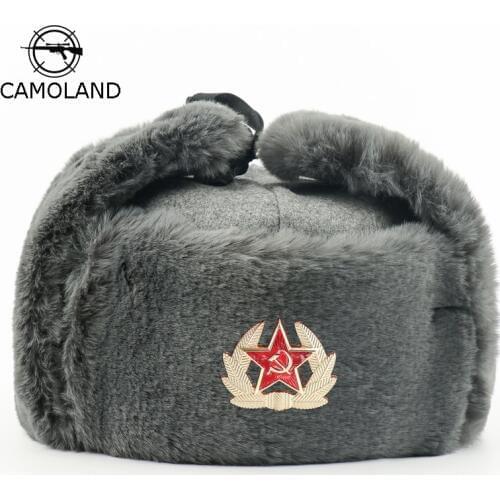Soviet Army Military Badge Russia Ushanka Bomber Hats Pilot Trapper trooper Hat Winter Faux Rabbit Fur Earflap Men Snow Caps