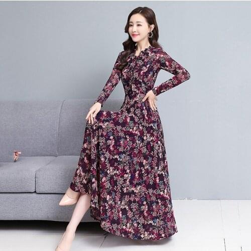 Floral chiffon big swing dress spring 2021 new womens middle-aged mother high-end western style long-sleeved dress 4xl s86