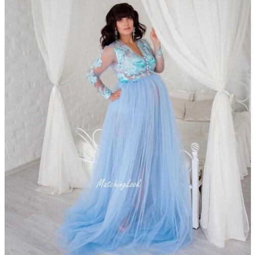 Light Blue Long Maternity Dress Appliqued Baby Shower Maternity Gown Photoshoot Lingerie Bathrobe Nightwear Pregnancy Dresses