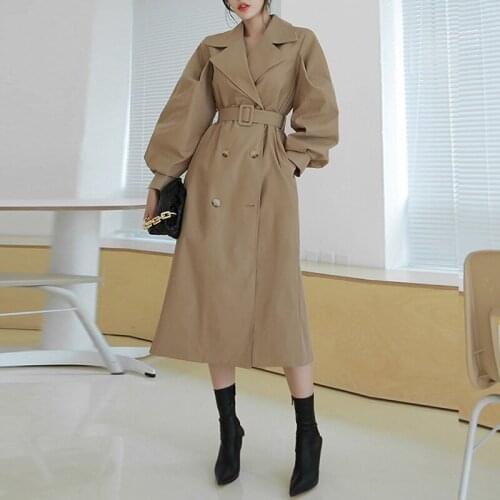New Spring Autumn Elegant Women Double Breasted Solid Trench Coat Vintage Turn-down Collar Khaki Black Trench with Belt