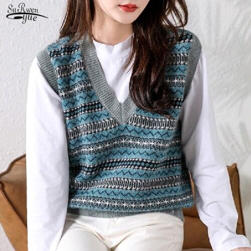 Vintage Sleeveless Wool Pullover Sweater Vest Autumn Winter Knitted Vest Sweater Women Female Print Plaid Casual Sweaters 16320
