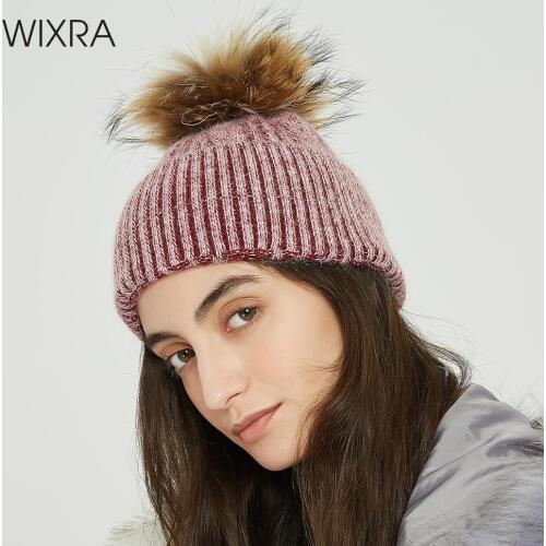 Wixra Knitted Beanies Cap Mink and Fox Fur Ball Cap Poms Solid Wool Blends Soft Women Men Hat New Thick Female Cap Autumn Winter