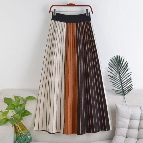 Color Matching Striped Pleated Skirt Womens New Autumn And Winter High Waist Shows Thin Elastic Waist Knitted Skirt