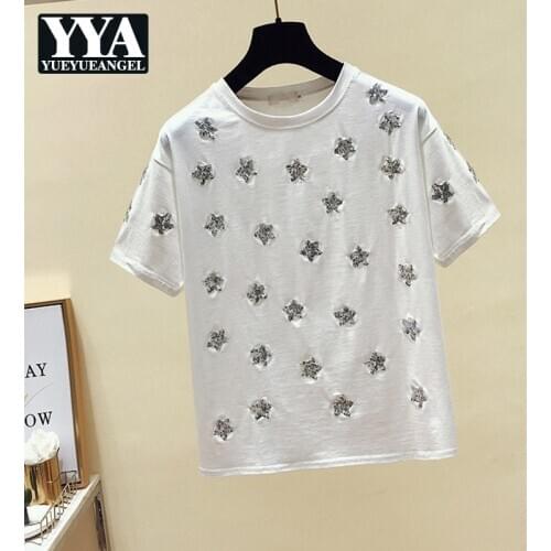 Summer Fashion Star Sequined Embroidery Short Sleeve O-Neck Women T-Shirts Cotton Blends Loose Fit Preppy Style Female Tees Tops