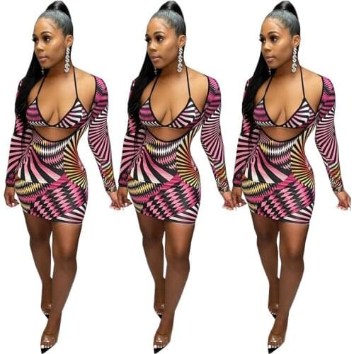 European and American womens summer fashion print wrapped chest 2-piece short skirt suit nightclub
