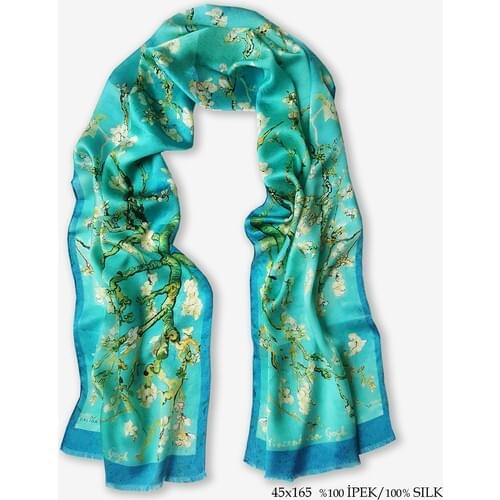Galiga 100% Bursa Silk Scarf Almond Blossom Water Green Women Fashion Flowered Hijab Blue Made In Turkey Wrap 165x45 CM
