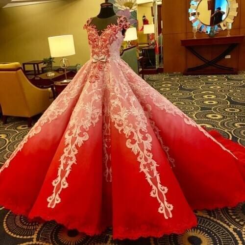 Cara&Alan Gradient Red Quinceanera Dresses Lace Appliqued Beaded Sweet 16 Dress Ball Gown vestidos de 15 años robe de soirée