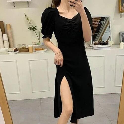 M-4XL Women Vintage Wear Dresses Party Dress Sexy Women Dress Puff Sleeve Split Design Polyester French Style Sexy Summer Dress
