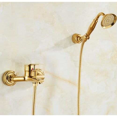100% Brass Gold Plated Bathtub Faucets With Hand Shower Wall Mounted Bathroom Bath Shower Faucets Hot and Cold Mixer Tap MT178