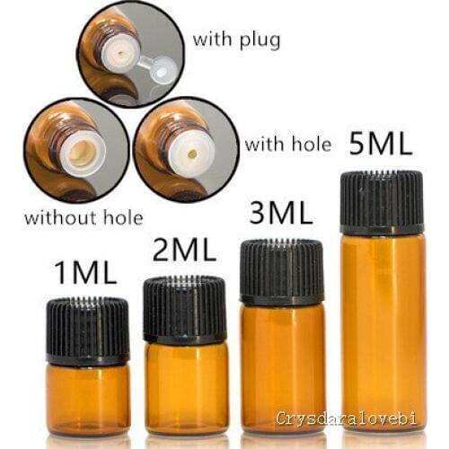 100pcs 1ml 2ml 3ml 5ml Drams Amber Glass Bottle With Plastic Lid Insert Essential Oil Glass Vials Perfume Sample Test Bottle