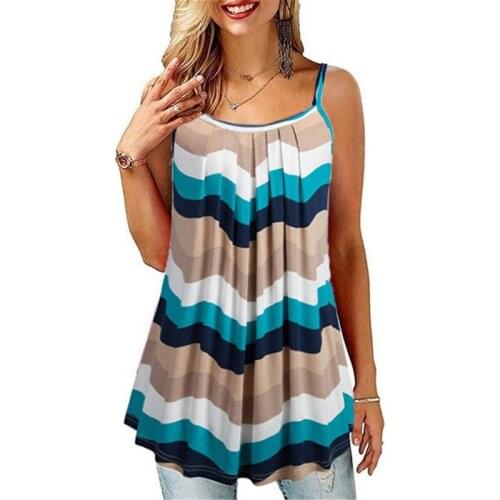 2021 Summer Popular New Product Female Print Pleated Big Swing Loose Camisole Womens Oversize Shirt T-Shirts With Sleeveless