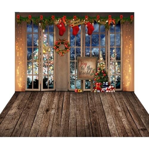Photography Backdrops Christmas Background Backdrops Cuddle Up Dark Wooden Cozy Cabin Room Window Wreath Sock Tree Gifts Light