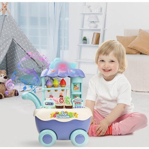 Kids Funny Role Play Toys Ice Cream Shop Trolley with Light and Music Simulation Mini Candy Cart Children Play House Toy Gift
