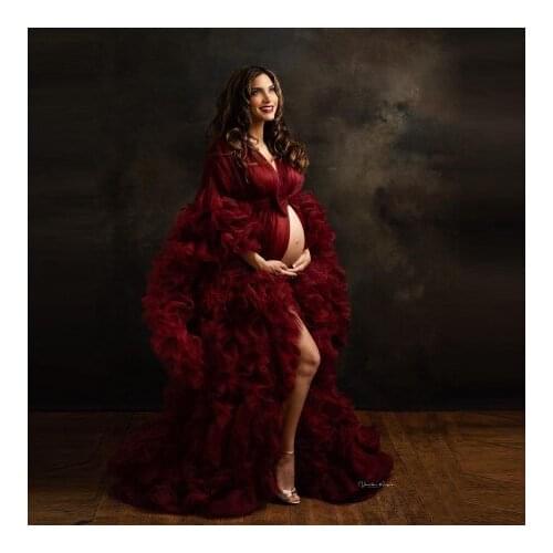 Custom Made Burgundy Tulle Organza Maternity Dresses Extra Puffy Long Sleeves Front Open With Bow Waistband Ruffles Pregnancy Dr