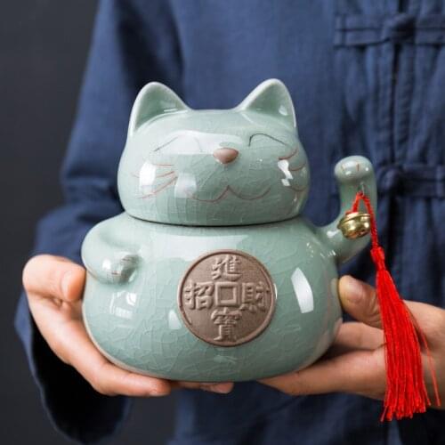 Ceramic Lucky Cat Ice Cracked Glaze Tea Caddy Household Sealed Cans Large Food Container Creative Candy Snacks Storage Tank