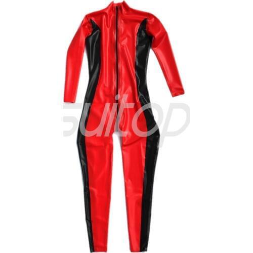 Red latex rubber catsuit jumpsuit with front zip through crotch high quanlity level Real Photo No blues