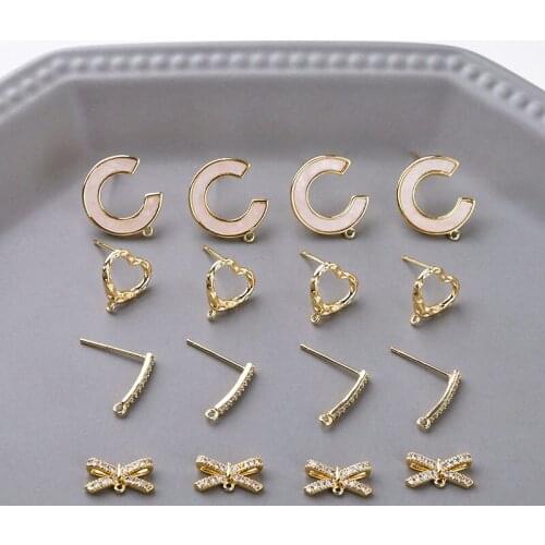 2pcs Korean fashion Copper plated zircon bow love heart stud Earrings C-shaped earrings needles DIY handmade jewelry material